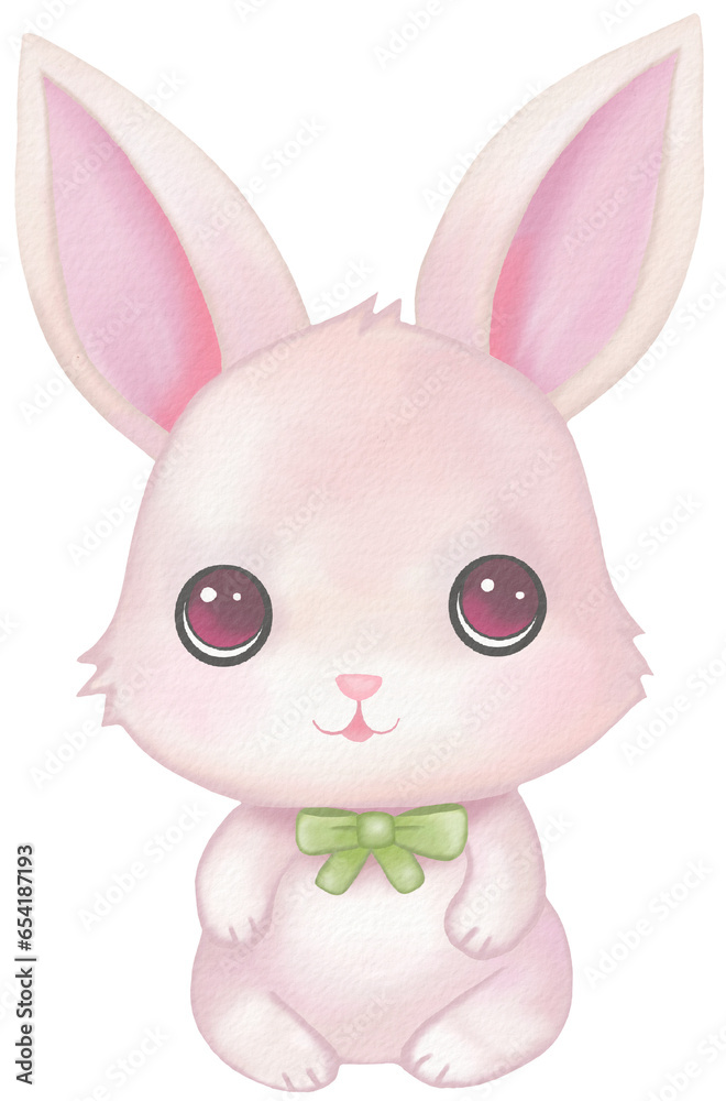 rabbit kawaii cartoon character watercolor PNG paper texture