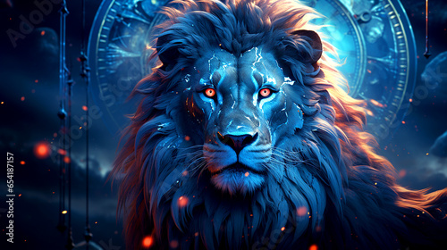 Leo zodiac art with abstract dark cosmic background