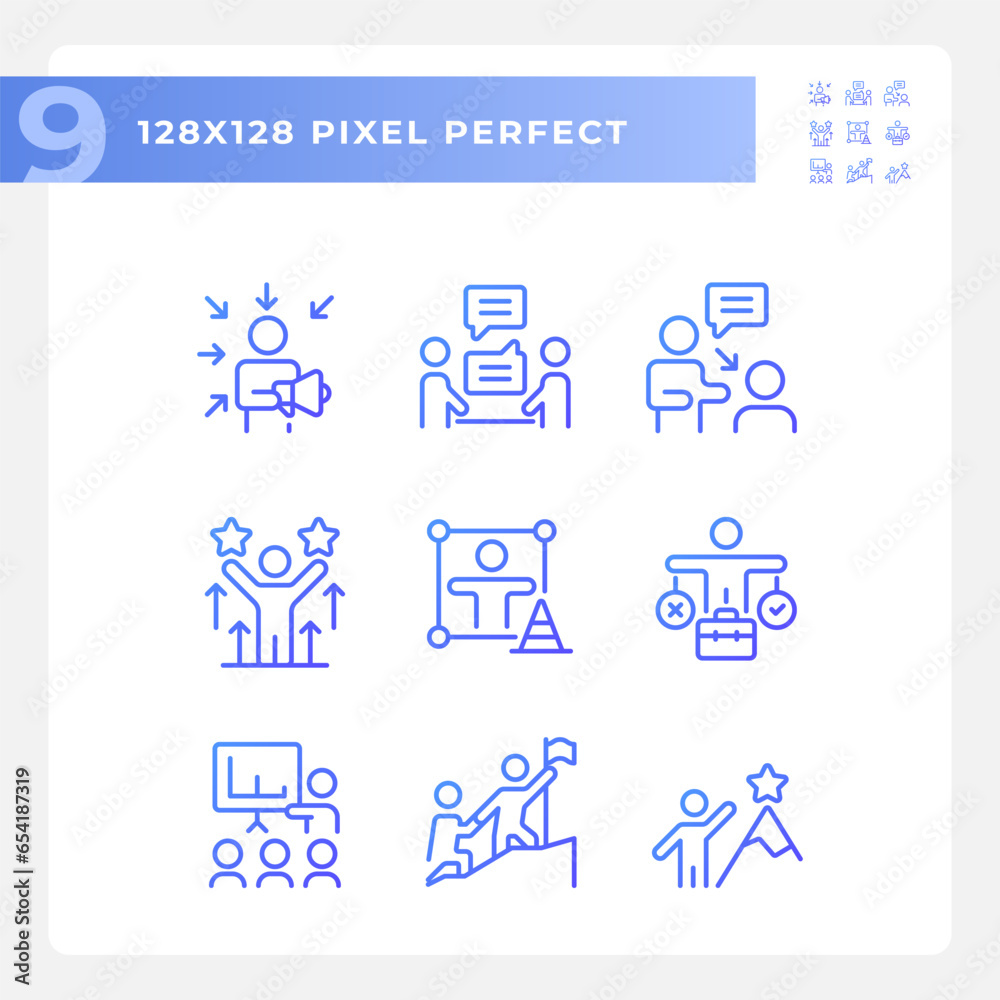 Pixel perfect gradient icons representing soft skills, purple thin line illustration set. Pixel perfect gradient icons representing soft skills, purple thin line illustration set.