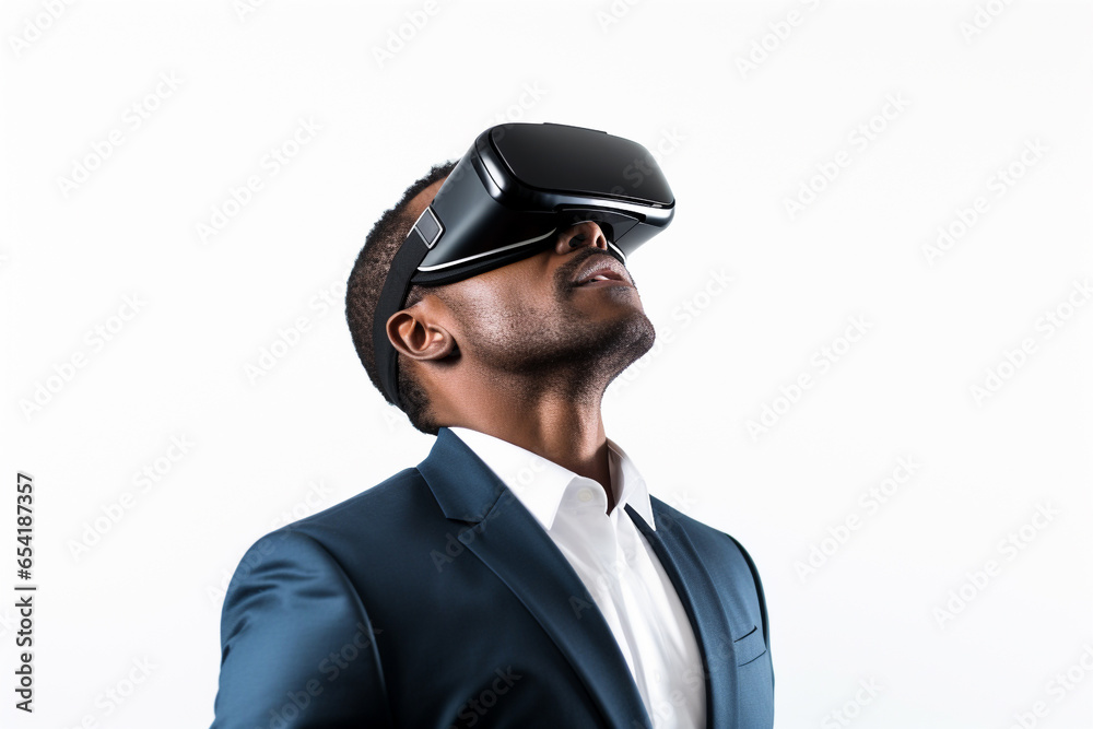 Businessman wearing virtual reality VR glasses, VR headset and trying to touch something with his hand while standing on white background. Businessman wearing virtual reality VR glasses, VR headset and trying to touch something with his hand while standing on white background.