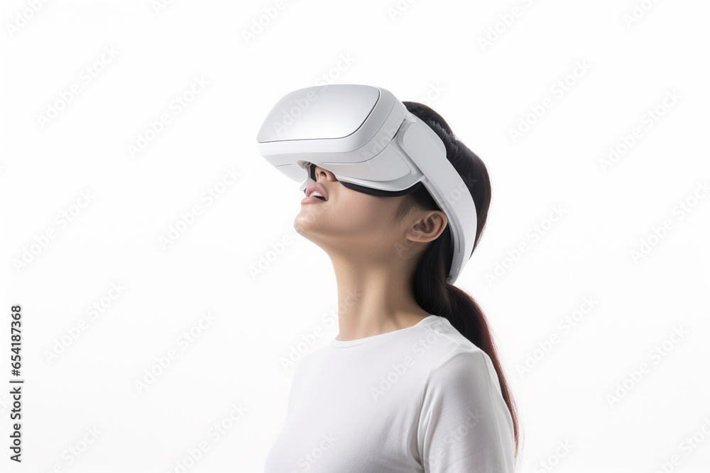 Young woman wearing virtual reality VR glasses, VR headset and trying to touch something with her hand while standing on white background.. Young woman wearing virtual reality VR glasses, VR headset and trying to touch something with her hand while standing on white background..