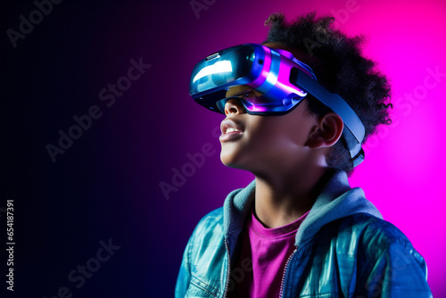 Young man wearing virtual reality VR glasses, VR headset and trying to touch something with his hand while standing in the cyberspace background. © NaphakStudio