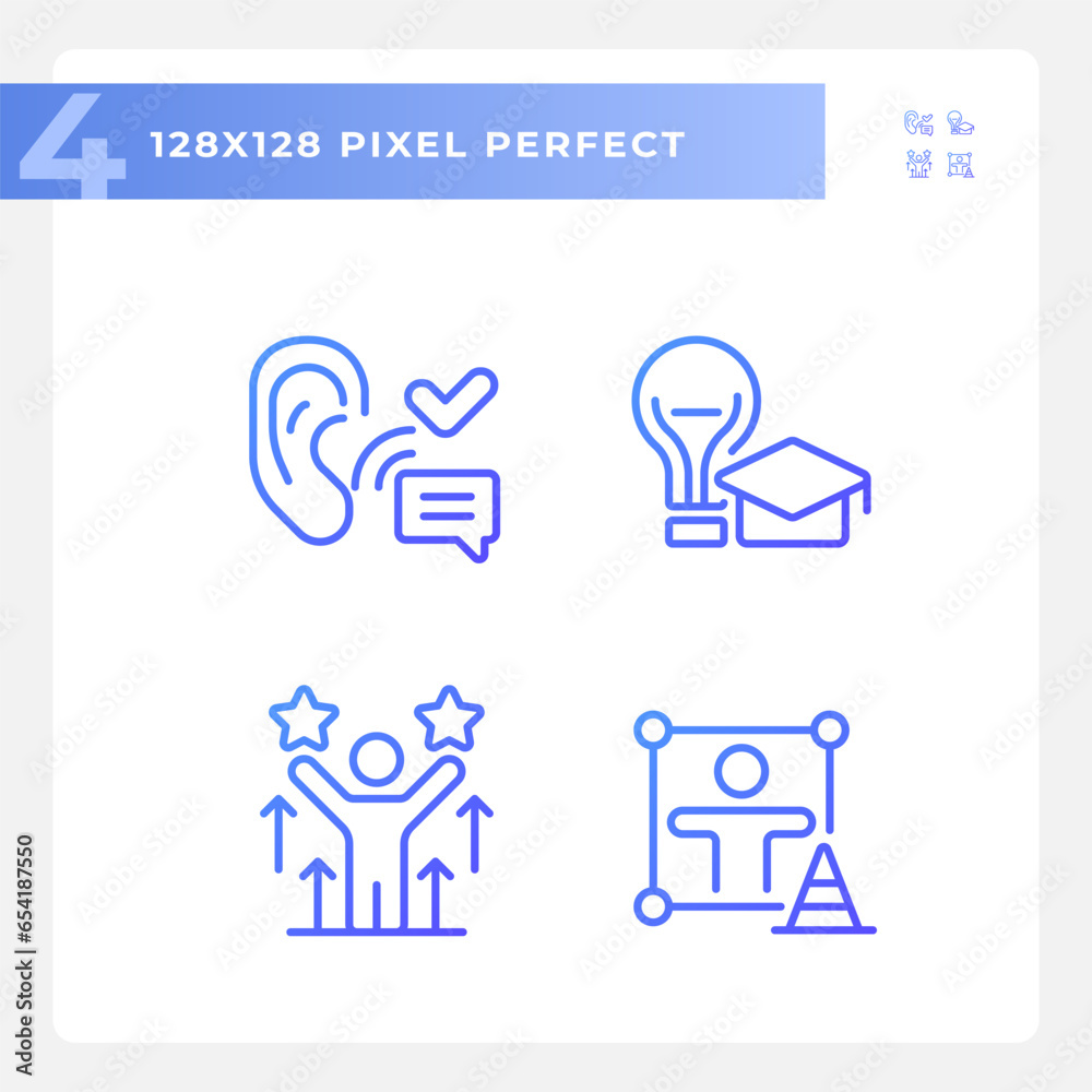 2D pixel perfect set of gradient icons representing soft skills, purple thin line illustration. 2D pixel perfect set of gradient icons representing soft skills, purple thin line illustration.