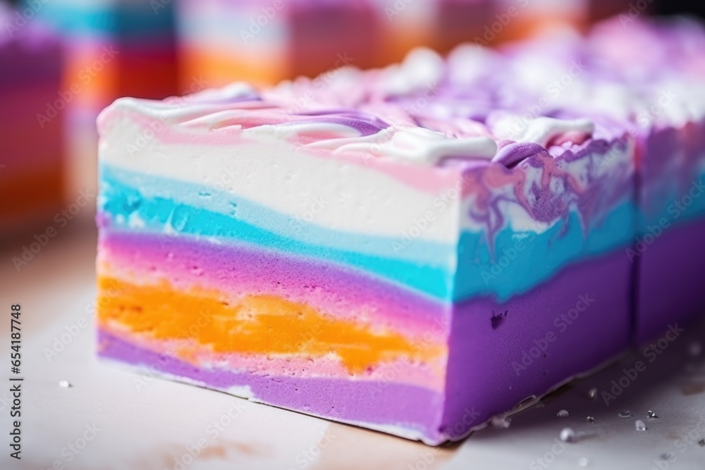close-up of a colourful soap bar with white foam