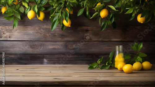 Lemon citrus tree empty table rustic wooden plant top board for product display montage copy space banner with lemon fruits, juice pot,