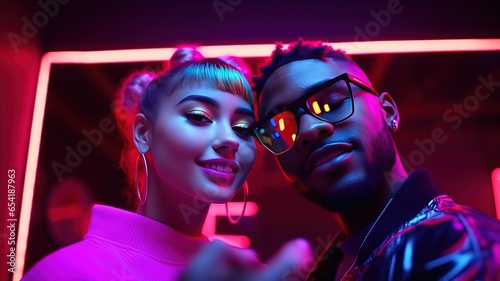 Caucasian teenagers hipster girl and afro american boy using a smartphone selfie against the background of a neon multicolored street wall. Generation Z style.Social media concept. AI
