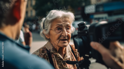 Elderly woman being interviewed on the street. Social problem concept.  photo