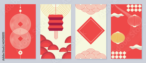 Chinese New Year cover background vector. Luxury background design with gold Chinese  lantern and oriental decorative element for Asian Lunar New Year holiday cover, poster, ad and sale banner.