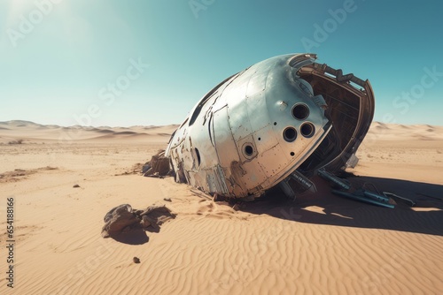 Crashed ufo spacecraft desert. Light impact. Generate Ai