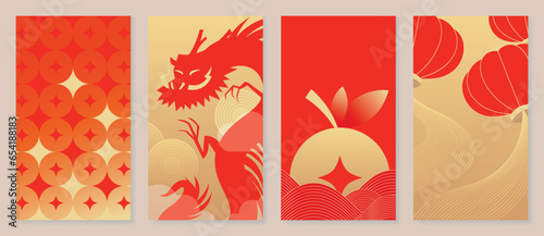 Happy Chinese New Year cover background vector. Year of the dragon design with golden dragon, Chinese lantern, coin, sea wave. Elegant oriental illustration for cover, banner, website, calendar.