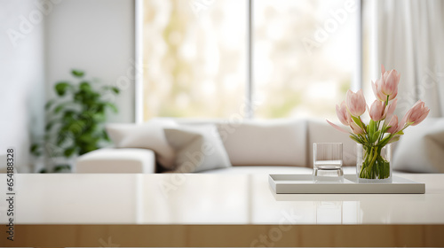 Copy space on a table with a blurred modern spacious white living room in the background. © Prasanth