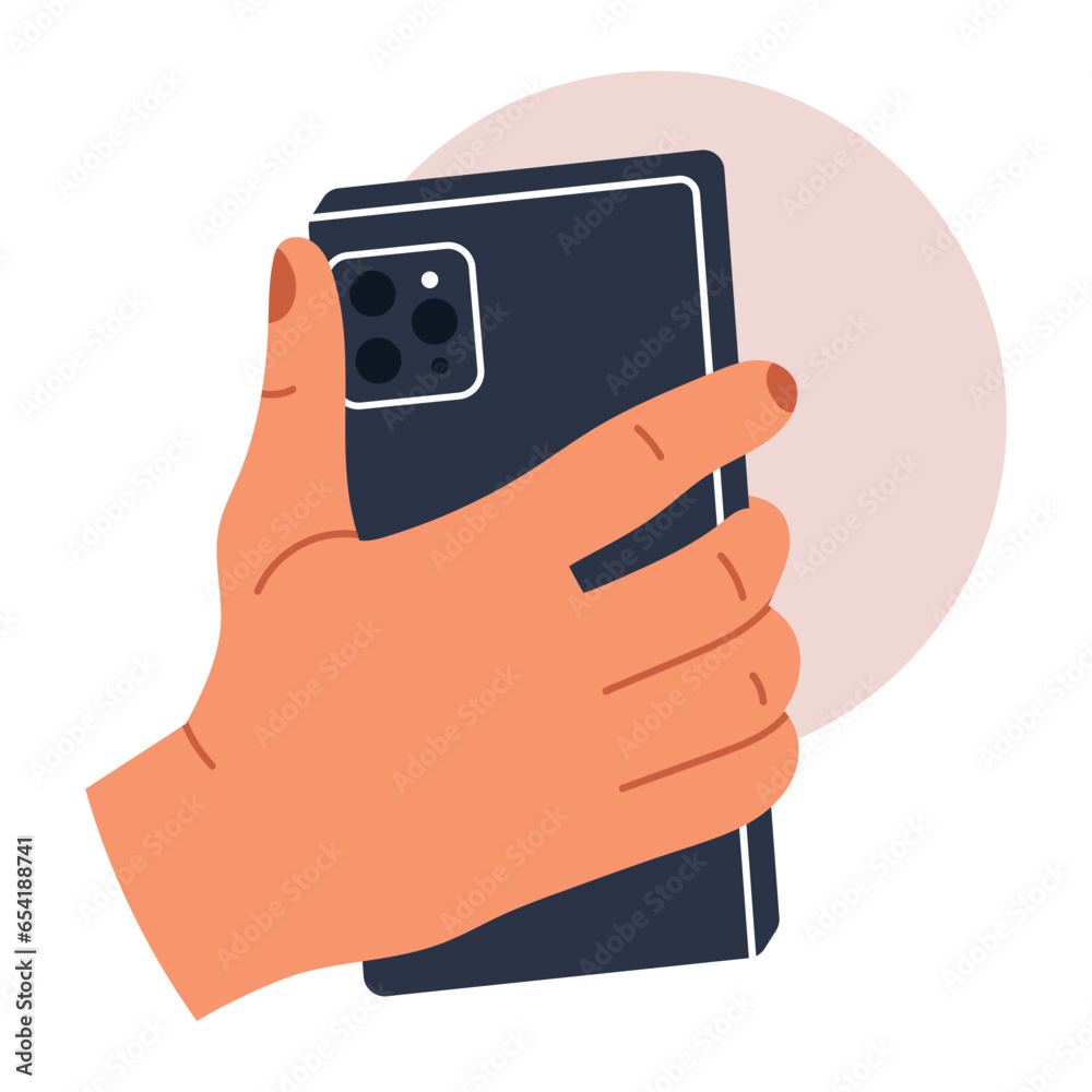 hands holding phone. Scrolling smartphone, app mail, application photo. cellphone camera. Flat vector illustration