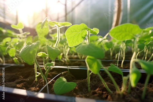 Cucumber seedlings in greenhouse with irrigation