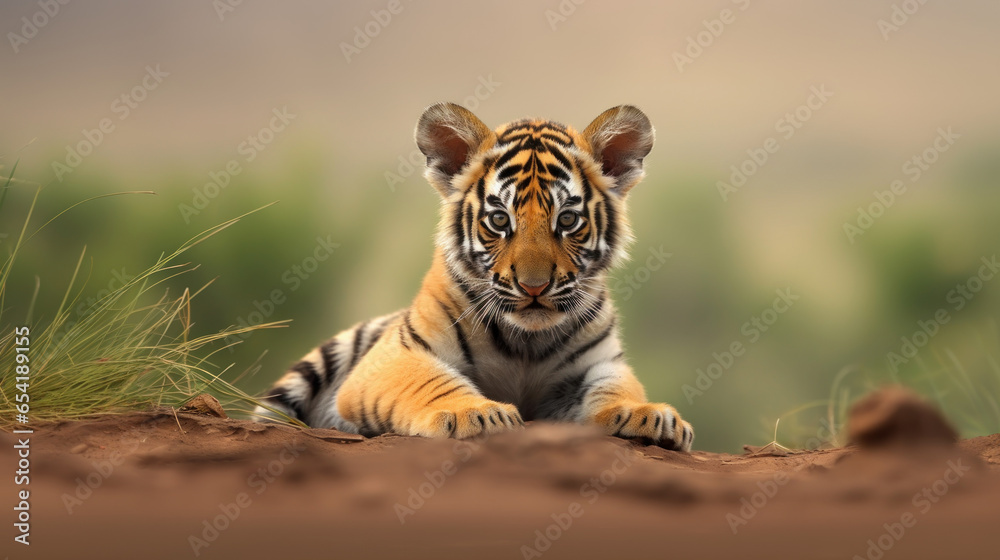 Fototapeta premium jeune tigre allongé sur le sol de face, arrière plan flou