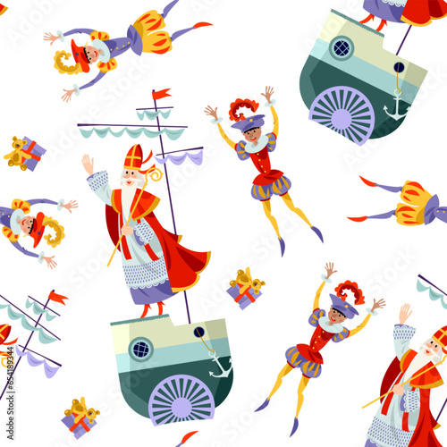 Santa Claus (Sinterklaas) and his helpers with gifts arrive on the ship waving hands to greeters. Seamless background pattern