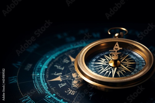 Concept of navigating business direction with compass on black background. Generative AI photo
