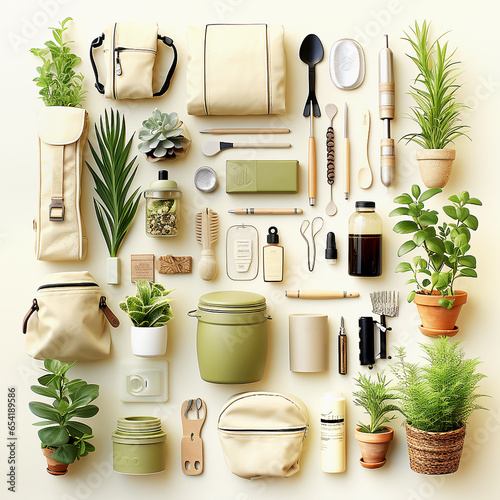 Sustainable lifestyle and household flat lay set with diverse tools, reusable bags, potted plants, containers, etc on white background. Top view