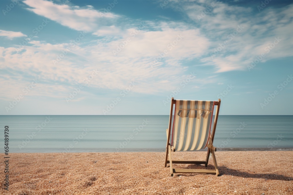 empty deck chair facing a serene beach and calm sea