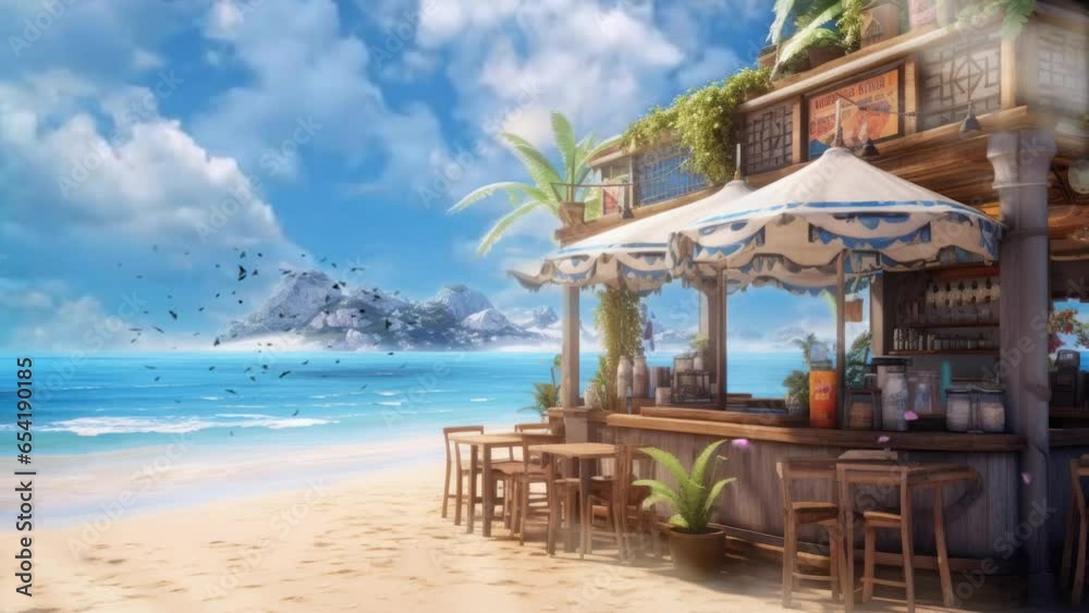 restaurant on the beach with butterfly with cartoon or anime style background. seamless looping time-lapse virtual 4k video animation background.	
