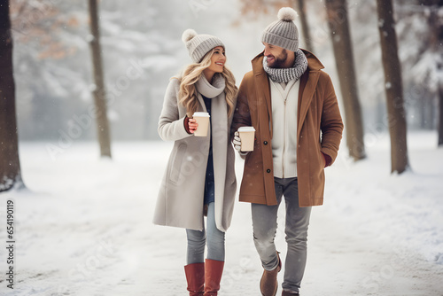 Couple walking in a snowy park holding hands and sipping hot cocoa. photo