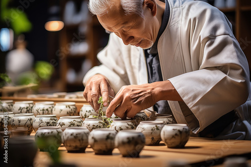 An artisan crafting a traditional Japanese tea set, a meticulous process that embodies precision and beauty. Generative Ai.