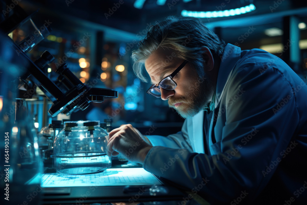 A dedicated scientist peering into a microscope, uncovering the mysteries of the microscopic world. Generative Ai. A dedicated scientist peering into a microscope, uncovering the mysteries of the microscopic world. Generative Ai.