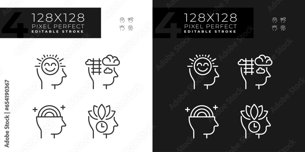 Pixel perfect icons set representing soft skills, editable dark and light thin linear illustration.