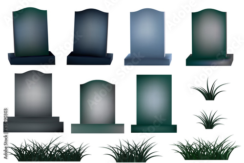 Collection of vintage tombstones with some moss on surface and piles of grass graphic element design for Halloween.