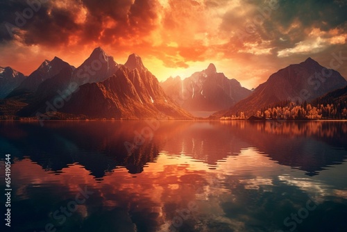 scenic view of sunset over towering mountains reflected in calm lake. Generative AI