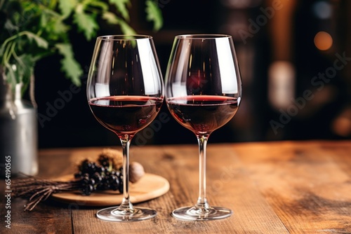 paired wine glasses filled with red wine on a table