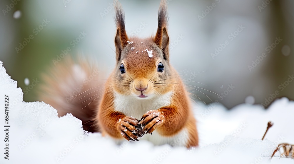 Beautiful squirrel with red and white fluffy fur. Food, nut in the paws, eating. Closeup red squirrel on snowy ground, blurred nature background. Winter adorable scene for wildlife in outdoors. Beautiful squirrel with red and white fluffy fur. Food, nut in the paws, eating. Closeup red squirrel on snowy ground, blurred nature background. Winter adorable scene for wildlife in outdoors.