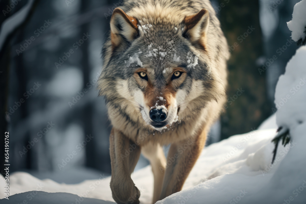 A lone wolf prowling through a snowy forest, a symbol of wilderness and freedom. Generative Ai.