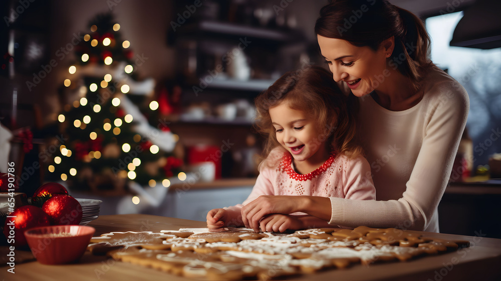 Cute little girl and her mother making gingerbread cookies for Christmas - obrazy, fototapety, plakaty 