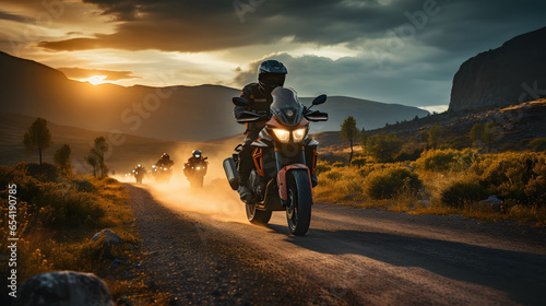 Motorcycle rider on the road in the mountains at sunset. Adventure and travel concept.