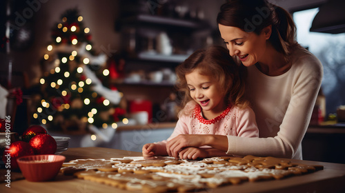 Cute little girl and her mother making gingerbread cookies for Christmas