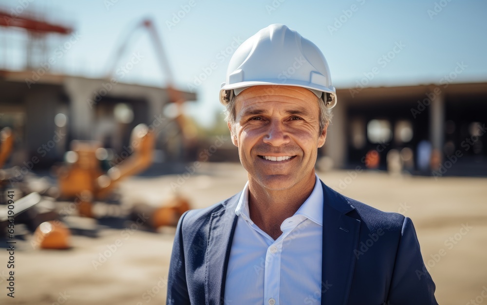 Smiling portrait of a middle aged male businessman with a protective helmet on a construction site looking at camera. Generative AI Smiling portrait of a middle aged male businessman with a protective helmet on a construction site looking at camera. Generative AI