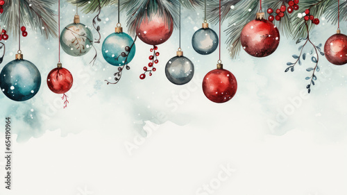 Weihnachten und Advent, Dekorativer Aquarell, Wasserfarben Hintergrund mit Christbaumkugeln und Tannenzweigen photo