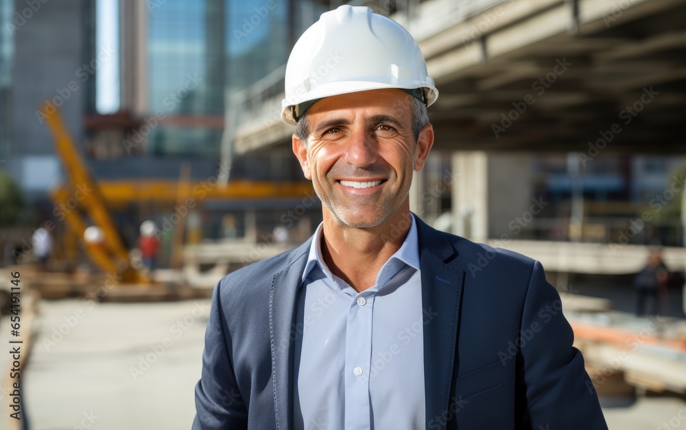 Smiling portrait of a middle aged male businessman with a protective helmet on a construction site looking at camera. Generative AI Smiling portrait of a middle aged male businessman with a protective helmet on a construction site looking at camera. Generative AI