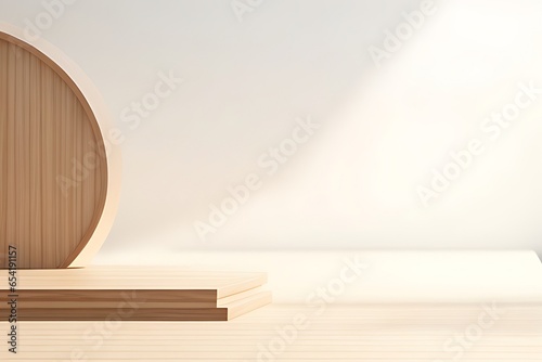 Empty minimal natural wooden table counter podium  beautiful wood grain in sunlight  shadow on white wall for luxury cosmetic  skincare  beauty treatment  decoration product display background 3D