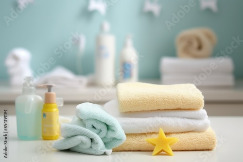 baby bath in room with clean bath towels, soap and sponge