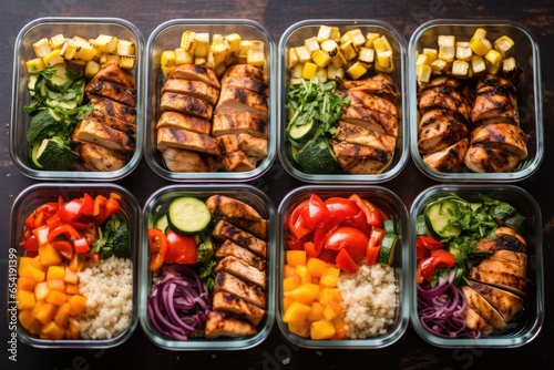 multiple meal prep containers filled with grilled chicken & veggies