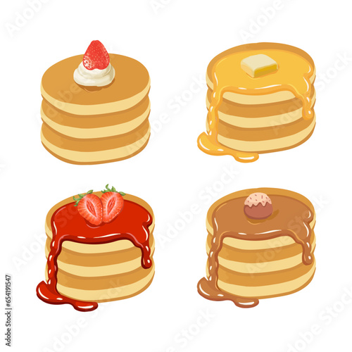 Set of pancakes with different toppings. Baking with syrup or honey. Breakfast concept. Vector illustration isolated on white background.
