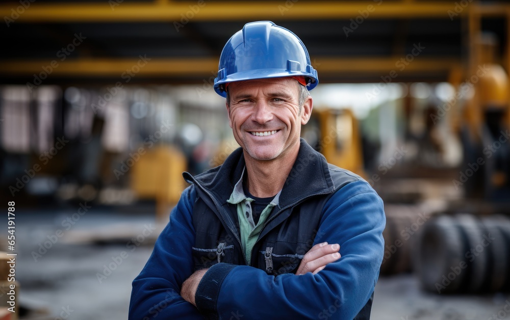 Smiling portrait of a middle aged male businessman with a protective helmet on a construction site looking at camera. Generative AI Smiling portrait of a middle aged male businessman with a protective helmet on a construction site looking at camera. Generative AI