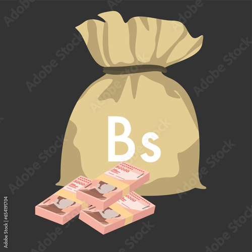 Bolivar Soberano Vector Illustration. Venezuela money set bundle banknotes. Money bag 50000 VES. Flat style. Isolated on white background. Simple minimal design.