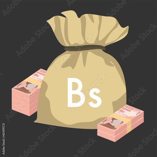 Bolivar Soberano Vector Illustration. Venezuela money set bundle banknotes. Money bag 50000 VES. Flat style. Isolated on white background. Simple minimal design.