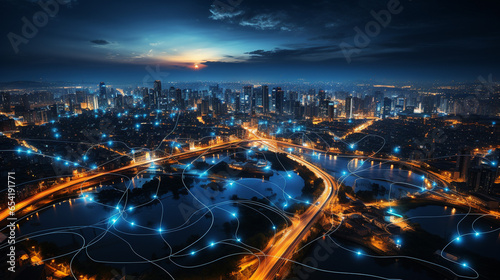 Nocturnal Data Flows, City Lights from Space Captured by Drone, network and global data connection wallpaper