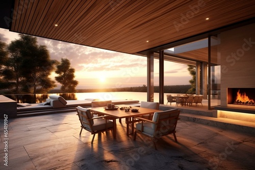 Spacious contemporary outdoor space with cozy seating, barbecue, and breathtaking sunset scenery. Generative AI