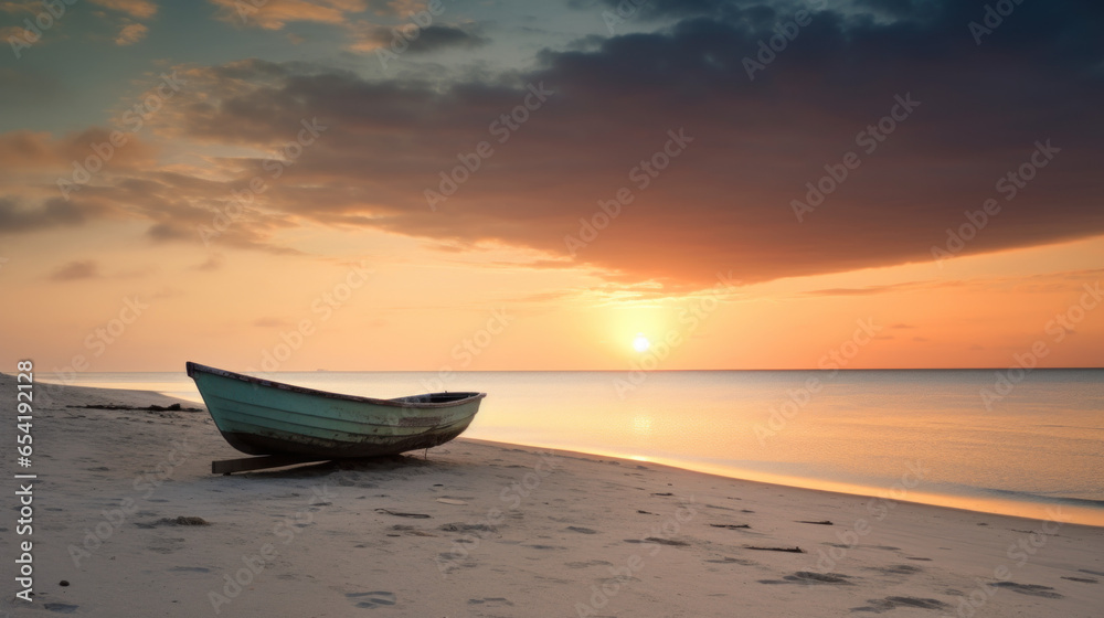 plage au couché du soleil avec une barque abandonnée sur le sable de la plage plage au couché du soleil avec une barque abandonnée sur le sable de la plage