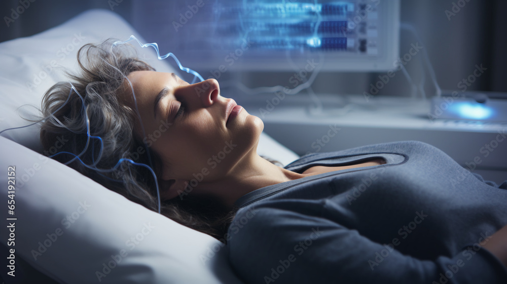 Polysomnography sleep study of body functions medical health check nap diagnose sleep disorders - obrazy, fototapety, plakaty 