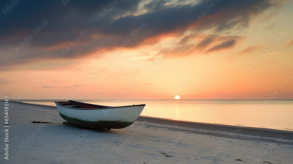 plage au couché du soleil avec une barque abandonnée sur le sable de la plage